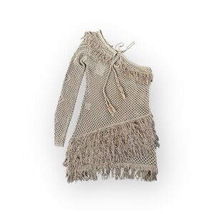 Tularosa Crochet Fringe Knit Dress Beige Tan Boho Resort Cover Up Size M